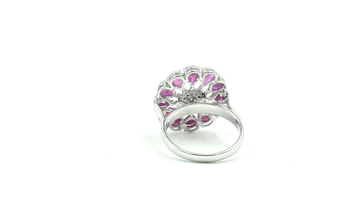 Ruby & Diamond Flower Cluster Ring – 925 Sterling Silver, 18K White Gold Vermeil