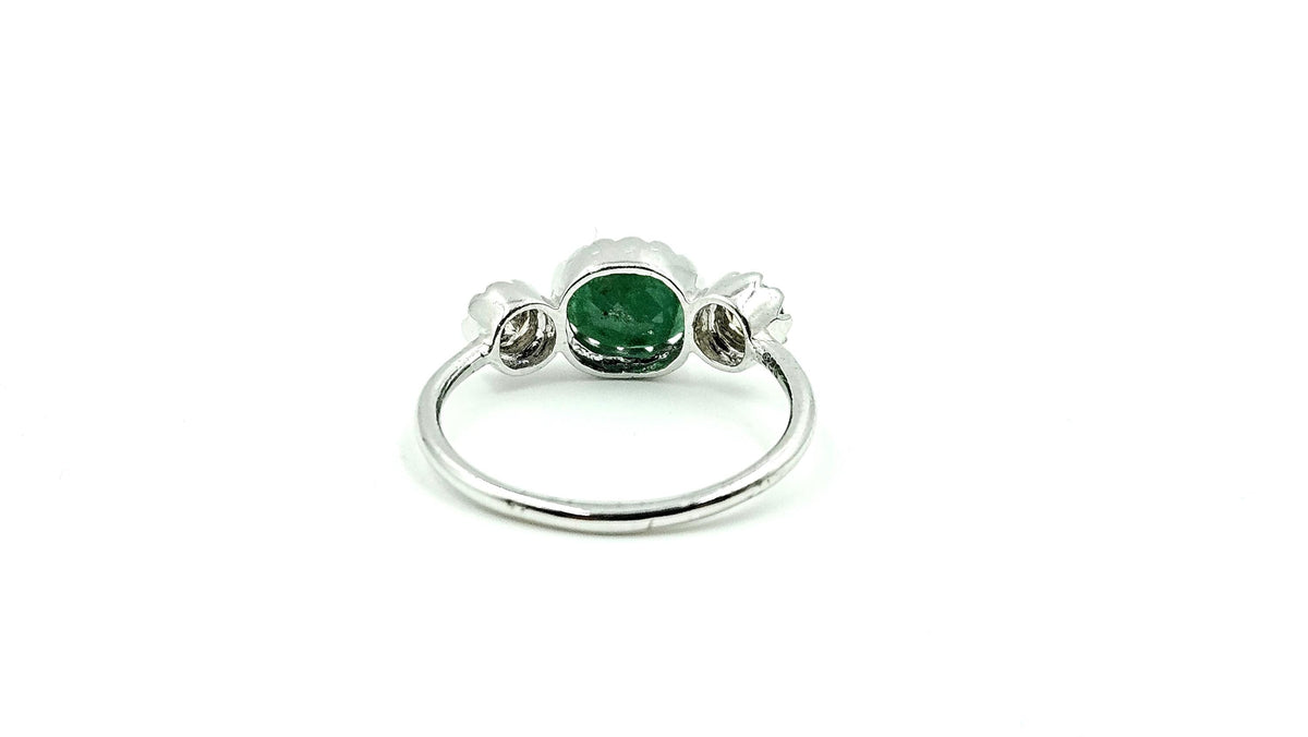 Oval Emerald Three-Stone Ring with Diamonds – 925 Sterling Silver, 18K White Gold Vermeil