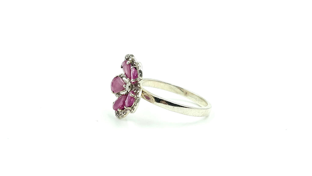 Five-Petal Pear Ruby Flower Ring – 925 Sterling Silver, 18K White Gold Vermeil