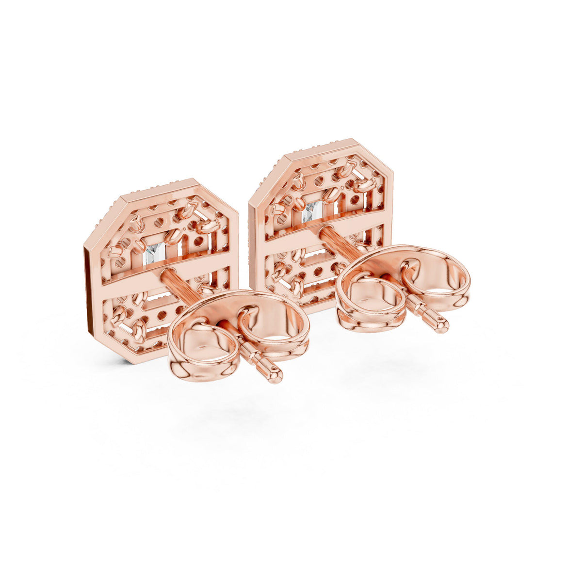 Emerald-Cut Moissanite Octagon Double-Halo Stud Earrings – 925 Sterling Silver, 18K Gold Vermeil