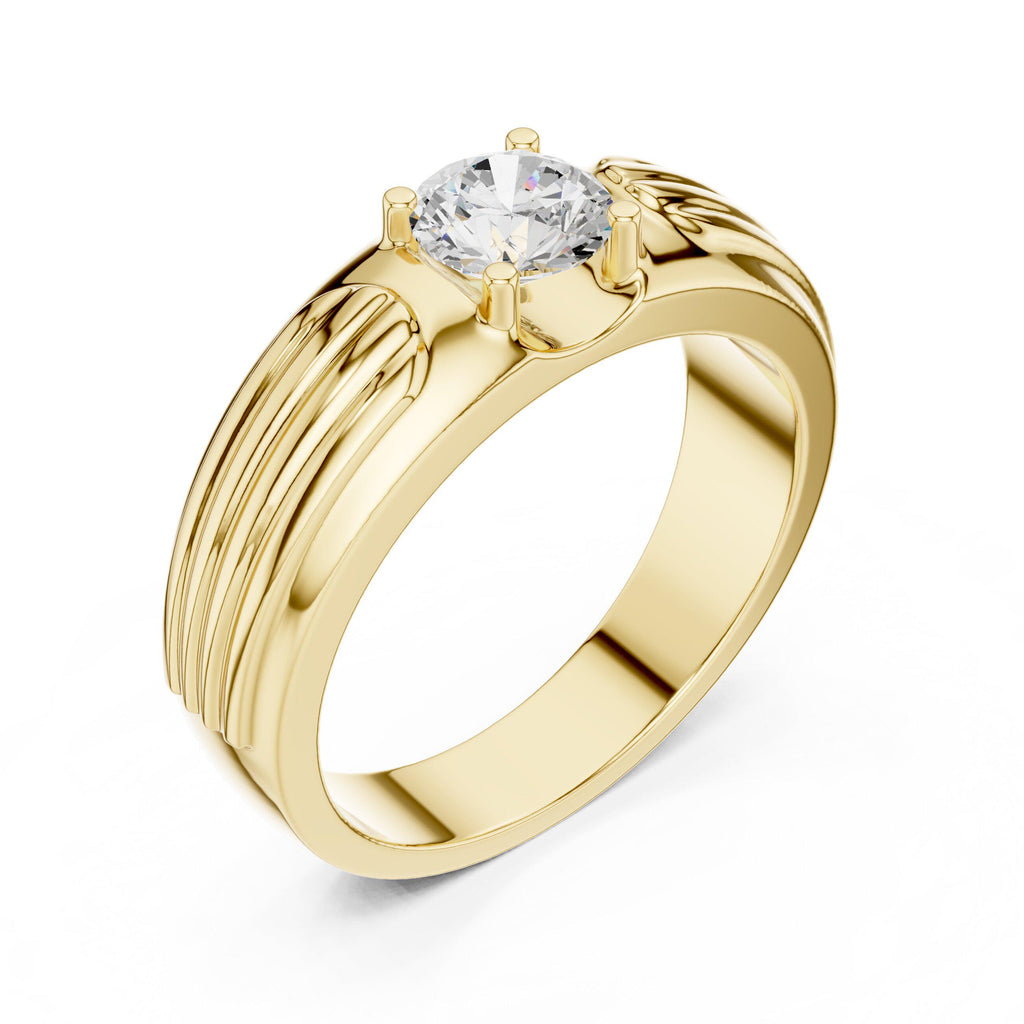 Men's Round Moissanite Solitaire Ring, Grooved Shoulders – 925 Sterling Silver, 18K Gold Vermeil