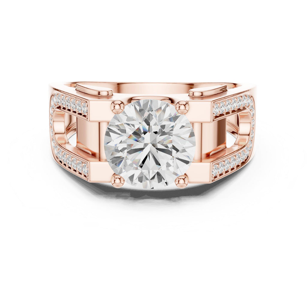 Men's Round Moissanite Ring with Pavé Horseshoe Shoulders – 925 Sterling Silver, 18K Gold Vermeil