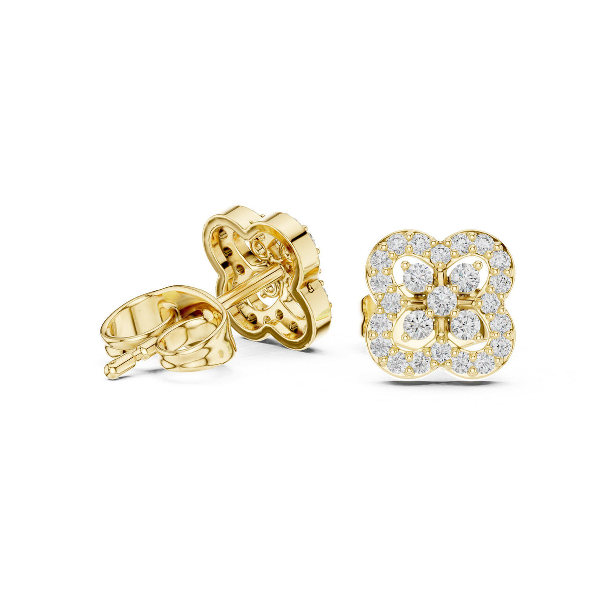 Moissanite Pavé Quatrefoil Stud Earrings – 925 Sterling Silver, 18K Gold Vermeil