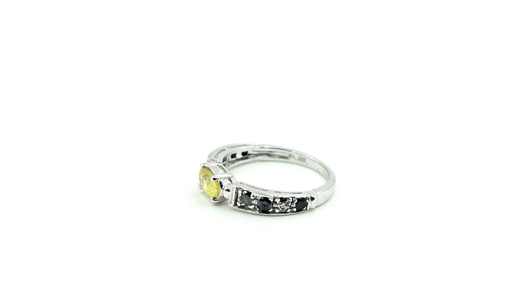 Oval Yellow Sapphire & Black Diamond Ring – 925 Sterling Silver, 18K White Gold Vermeil