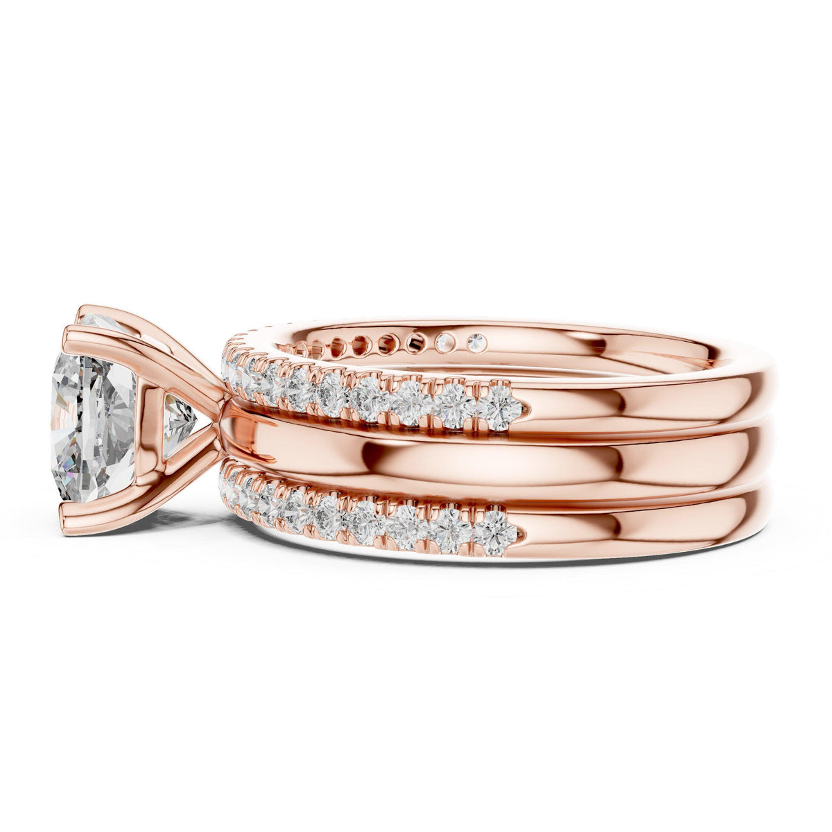 Cushion Moissanite Ring with Stacked Triple Band, 8mm – 925 Sterling Silver, 18K Gold Vermeil