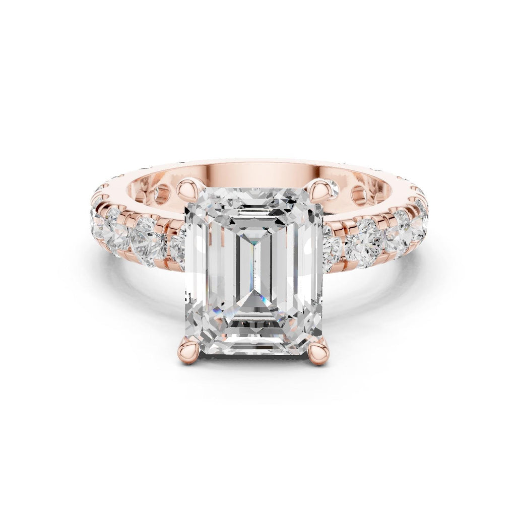 Emerald-Cut Moissanite Ring with Pavé Band – 925 Sterling Silver, 18K Gold Vermeil