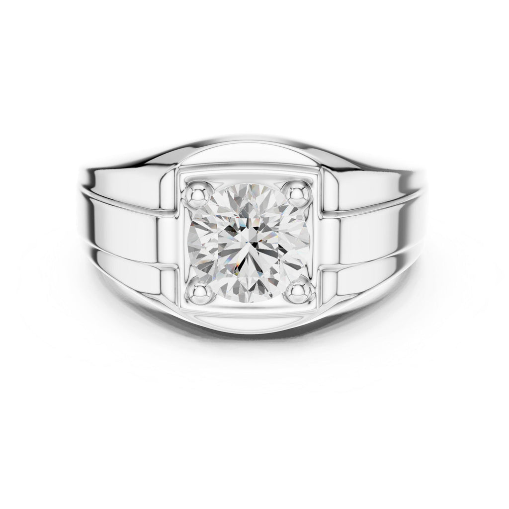 Men's Round Moissanite Signet Ring with Stepped Shoulders – 925 Sterling Silver, 18K Gold Vermeil