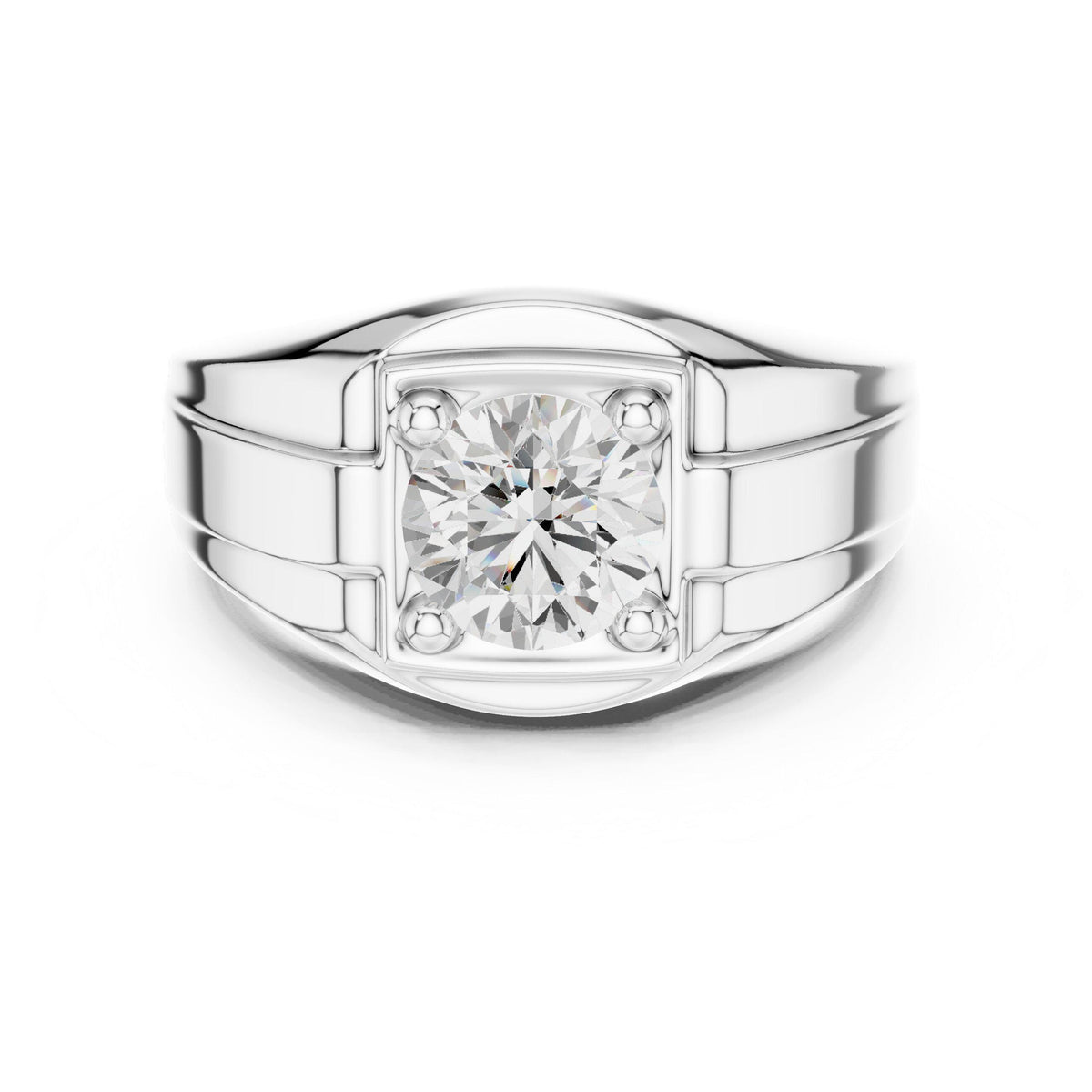 Men's Round Moissanite Signet Ring with Stepped Shoulders – 925 Sterling Silver, 18K Gold Vermeil