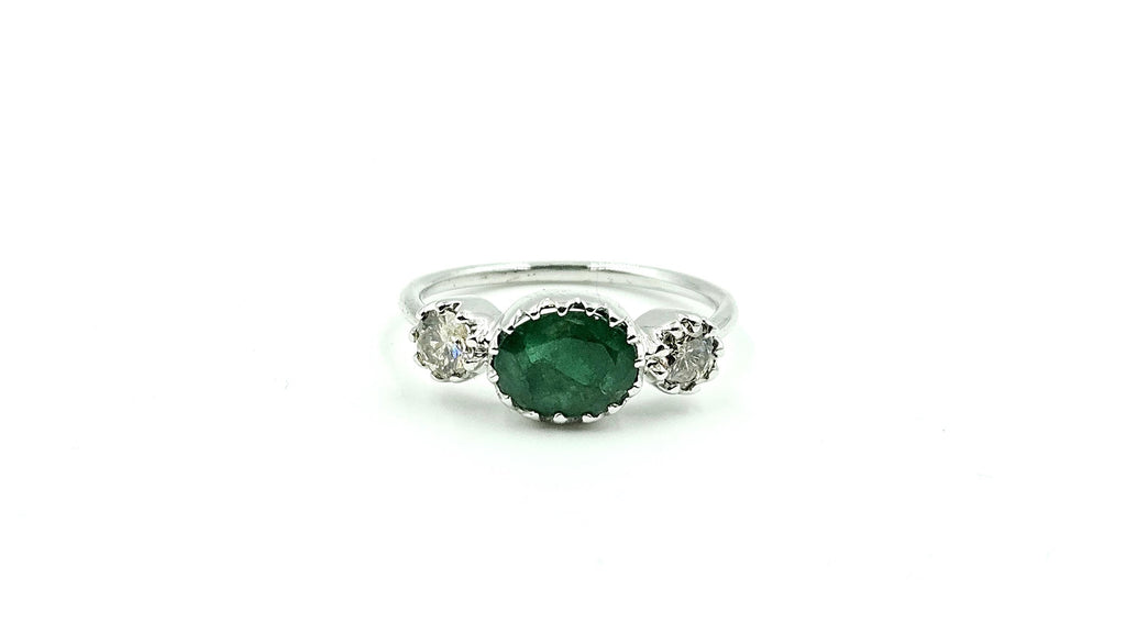 Oval Emerald Three-Stone Ring with Diamonds – 925 Sterling Silver, 18K White Gold Vermeil