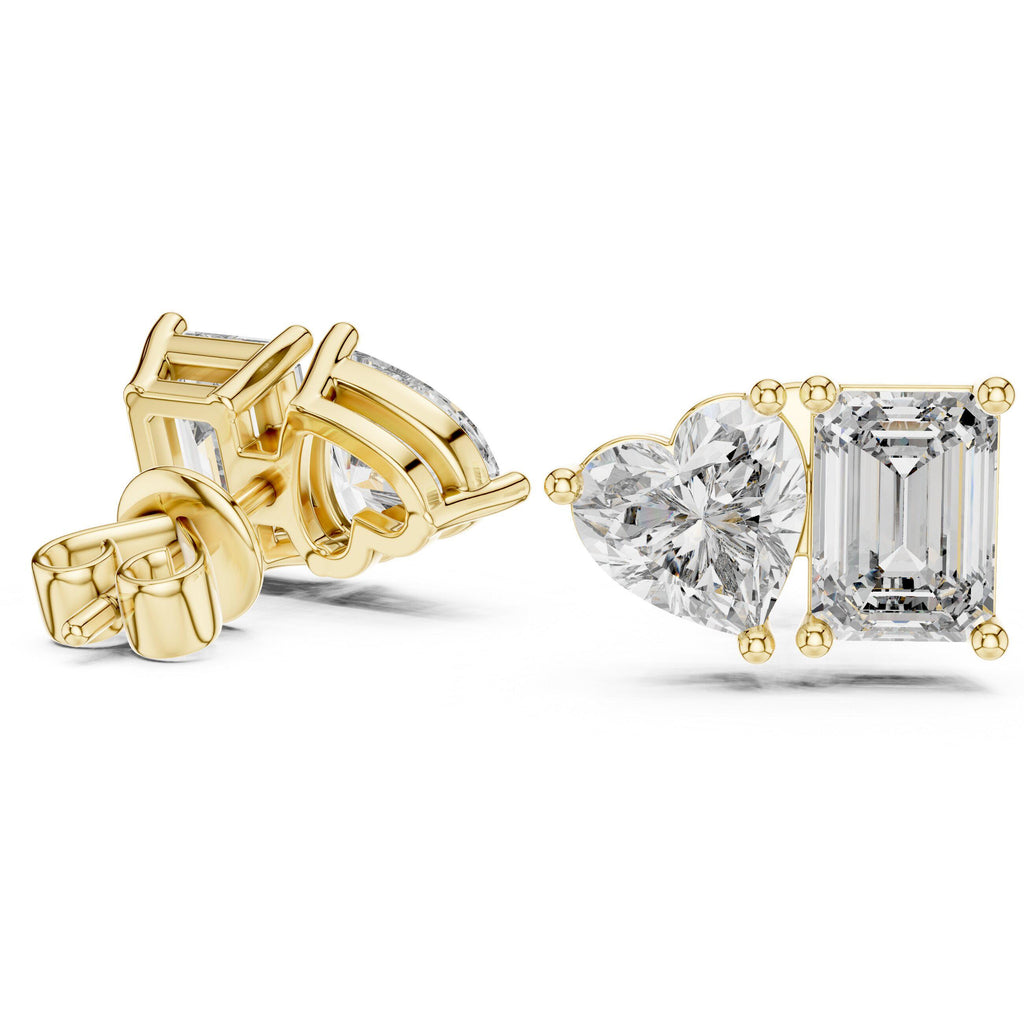 Heart & Emerald-Cut Moissanite Toi et Moi Stud Earrings – 925 Sterling Silver, 18K Gold Vermeil