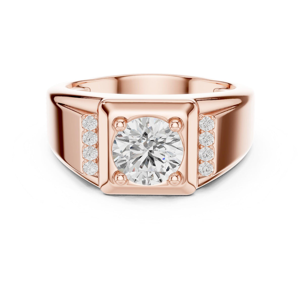 Men's Round Moissanite Ring with Pavé Shoulders – 925 Sterling Silver, 18K Gold Vermeil