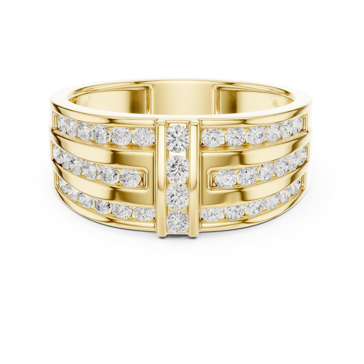 Men's Triple-Row Band with Pavé Moissanite Bar – 925 Sterling Silver, 18K Gold Vermeil