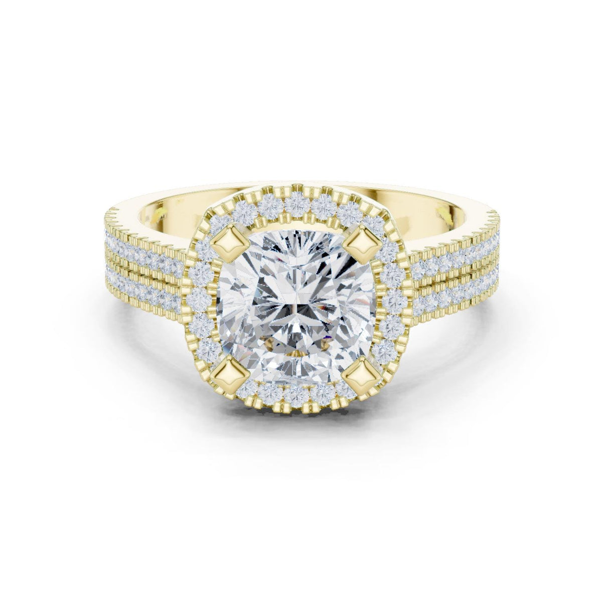 Cushion Moissanite Halo Ring with Triple-Row Pavé Band – 925 Sterling Silver, 18K Gold Vermeil
