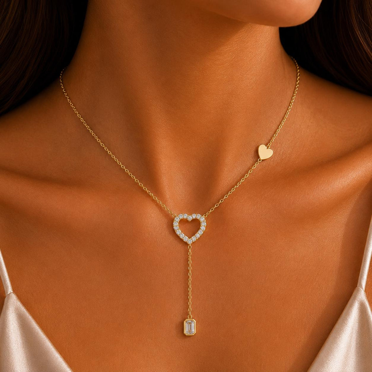 Heart Moissanite Lariat Necklace with Emerald-Cut Drop – 925 Sterling Silver, 18K Gold Vermeil