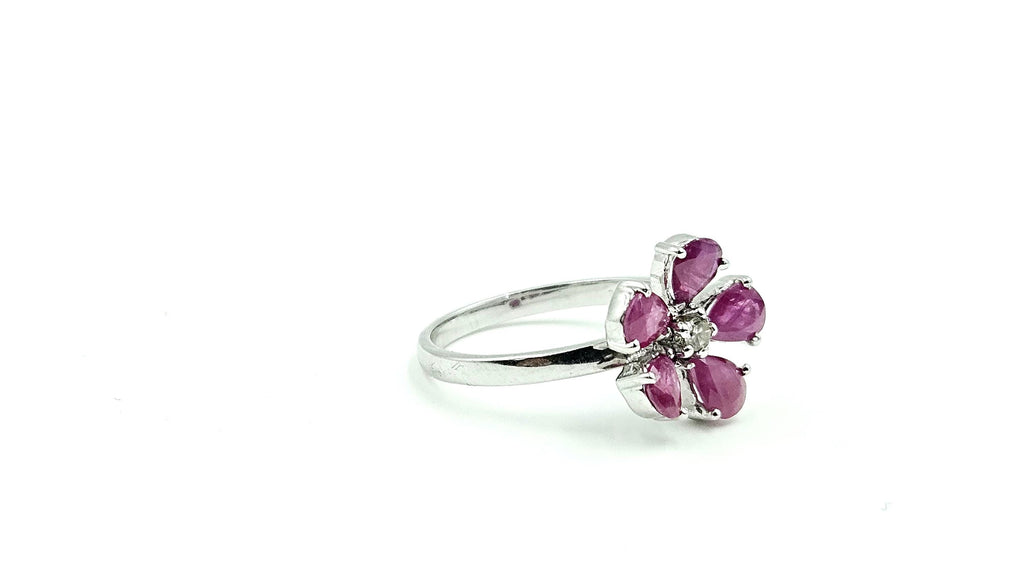 Five-Petal Pear Ruby & Diamond Flower Ring – 925 Sterling Silver, 18K White Gold Vermeil