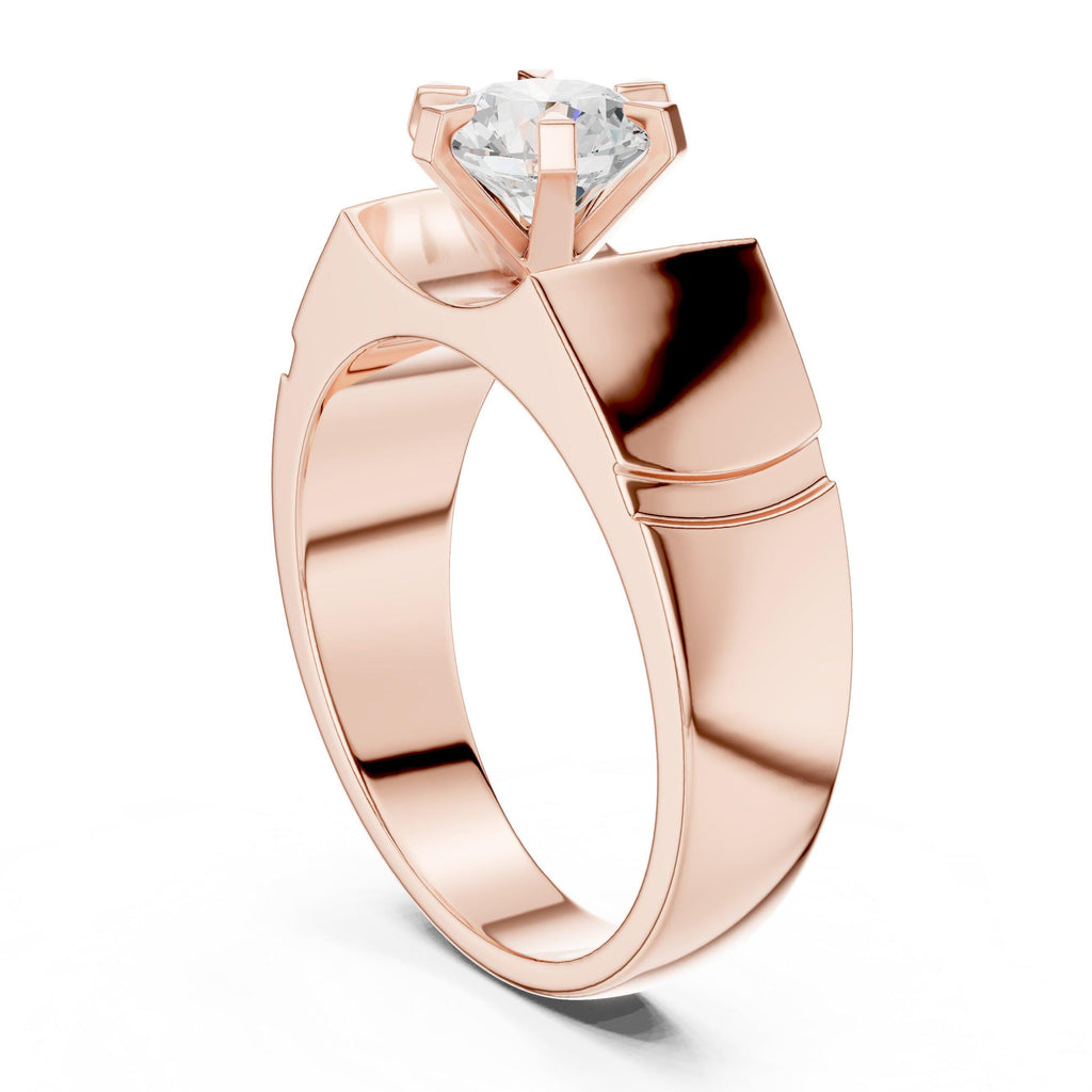 Men's Round Moissanite Ring, Angular Stepped Band – 925 Sterling Silver, 18K Gold Vermeil