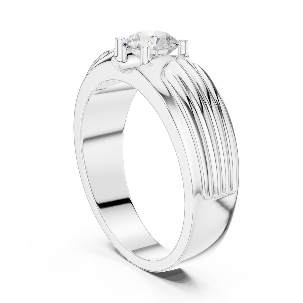 Men's Round Moissanite Solitaire Ring, Grooved Shoulders – 925 Sterling Silver, 18K Gold Vermeil