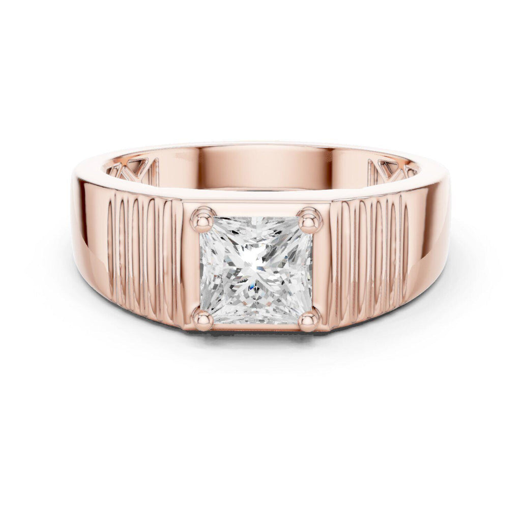Men's Princess-Cut Moissanite Ring, Grooved Wide Band – 925 Sterling Silver, 18K Gold Vermeil
