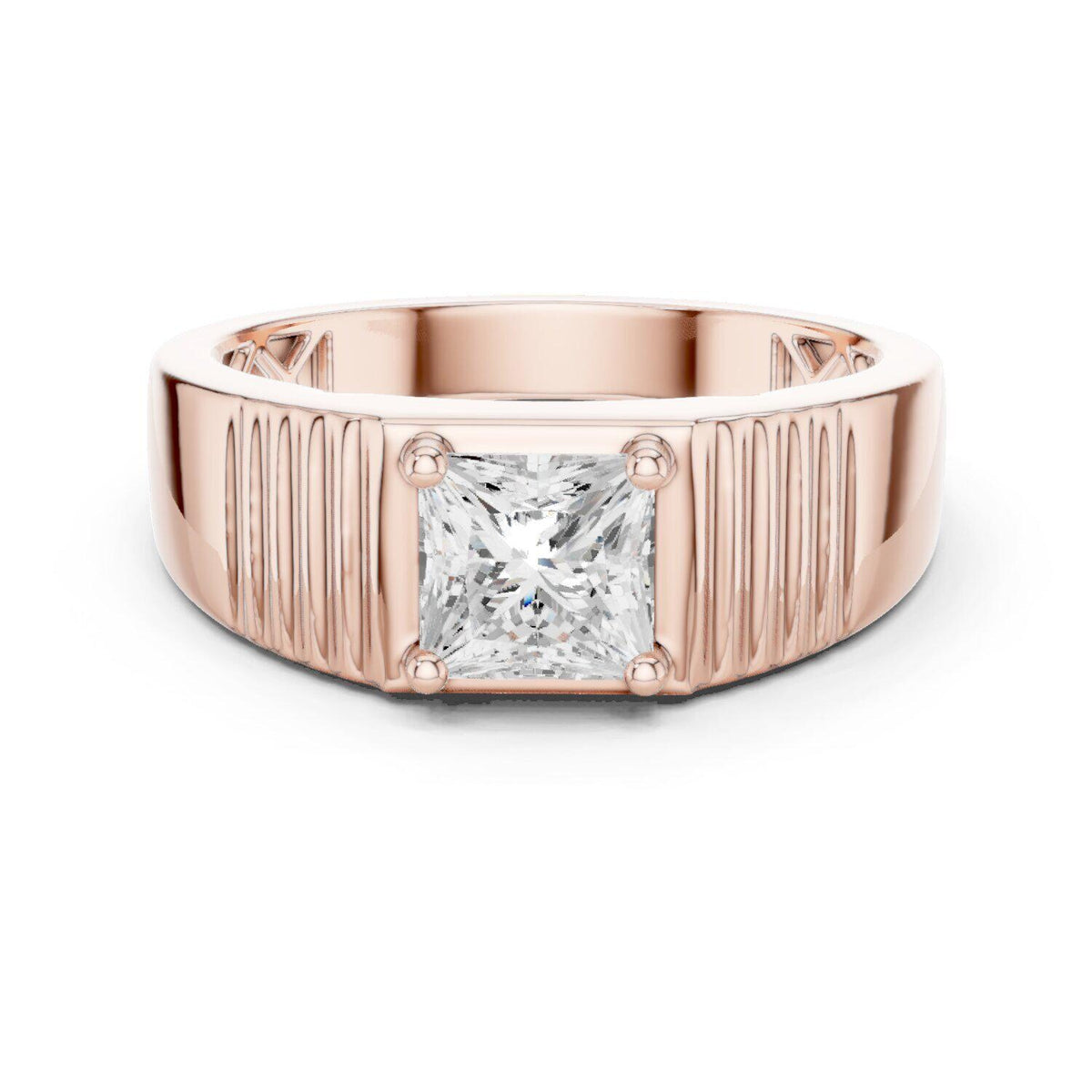 Men's Princess-Cut Moissanite Ring, Grooved Wide Band – 925 Sterling Silver, 18K Gold Vermeil