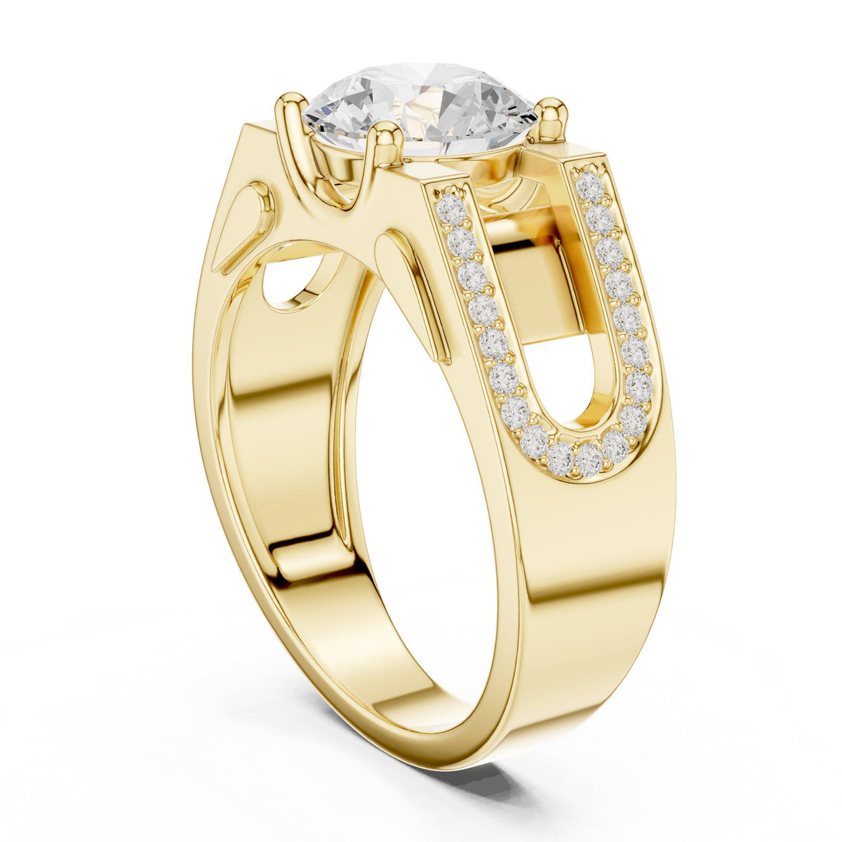Men's Round Moissanite Ring with Pavé Horseshoe Shoulders – 925 Sterling Silver, 18K Gold Vermeil