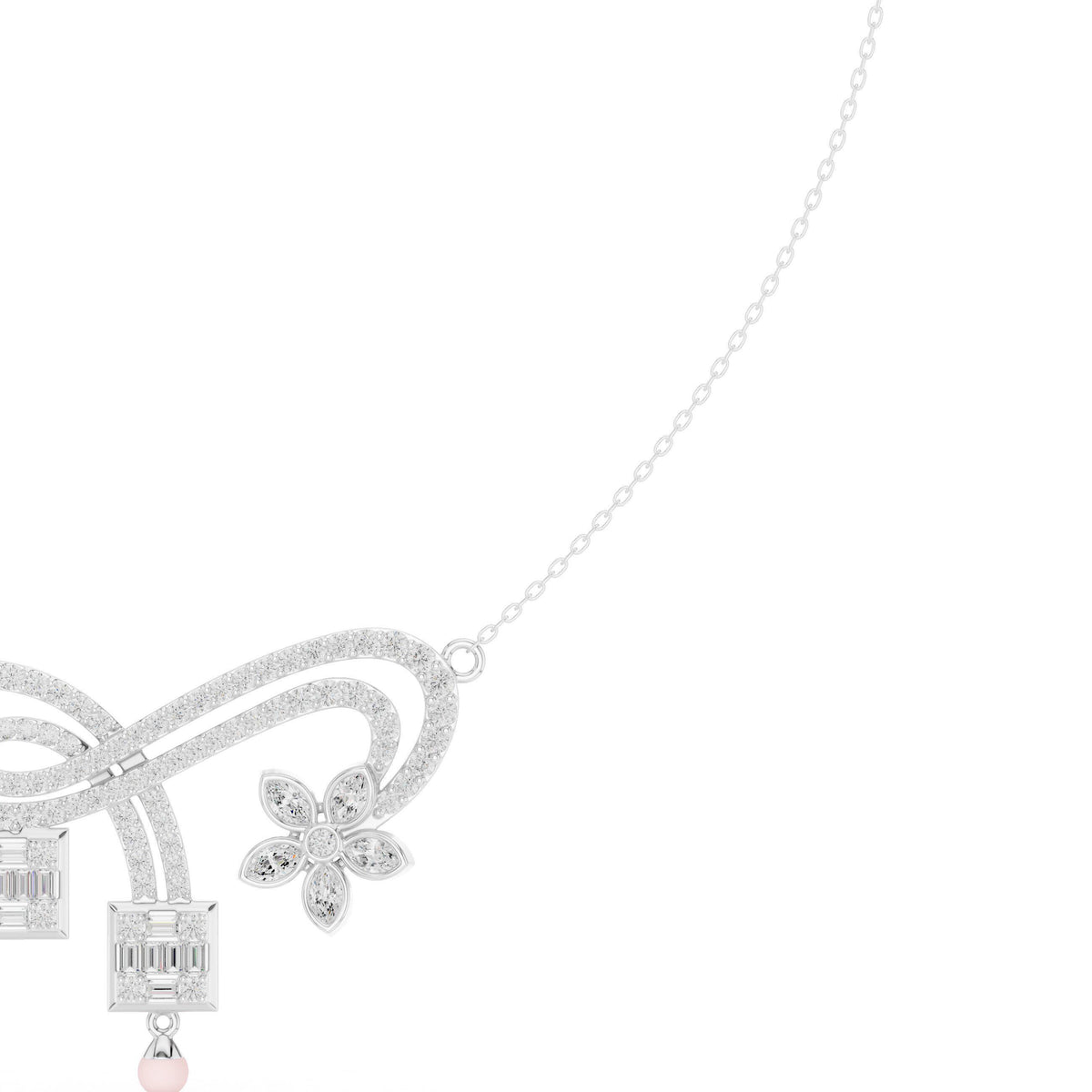 Moissanite Pavé Flower & Baguette Drop Necklace – 925 Sterling Silver, 18K Gold Vermeil