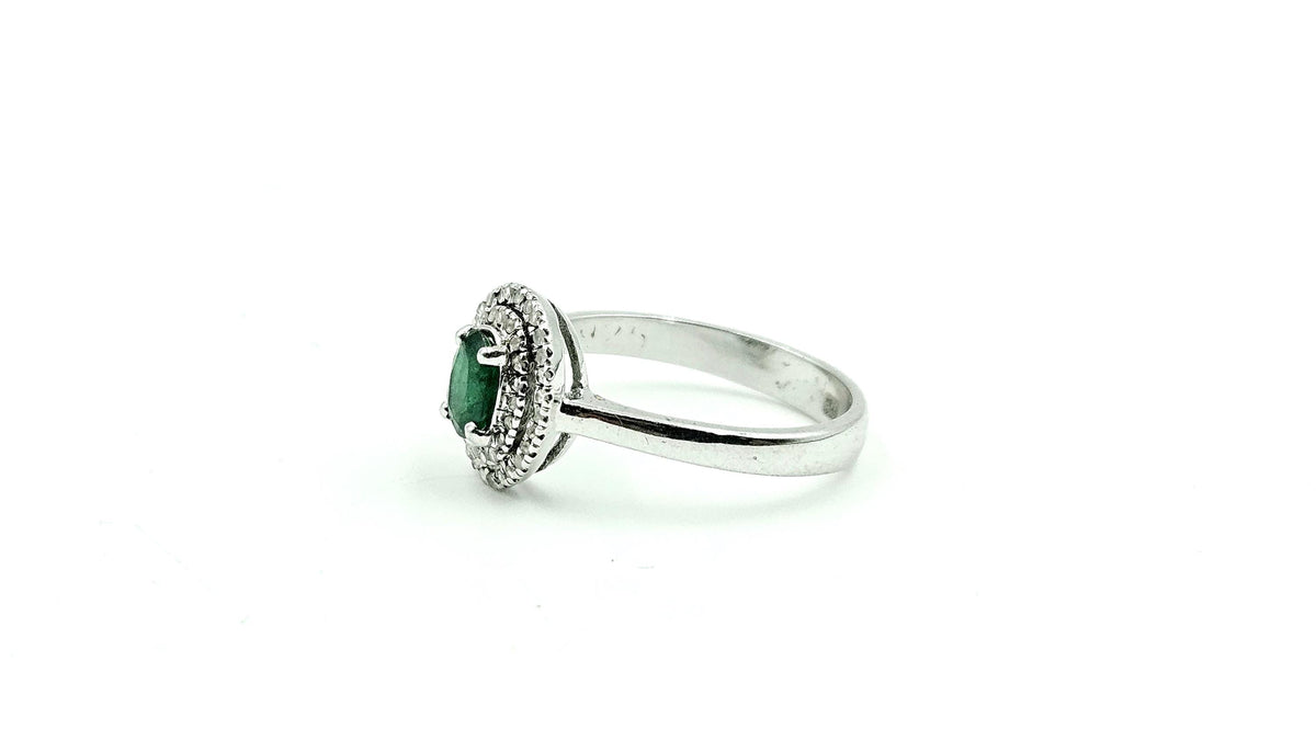 Oval Emerald Diamond-Halo Ring – 925 Sterling Silver, 18K White Gold Vermeil