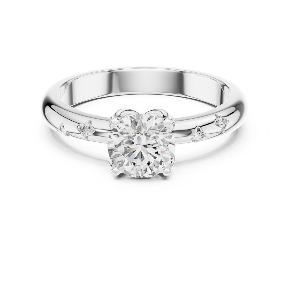 Round Moissanite Solitaire Ring with Side Accents, 6mm – 925 Sterling Silver, 18K Gold Vermeil