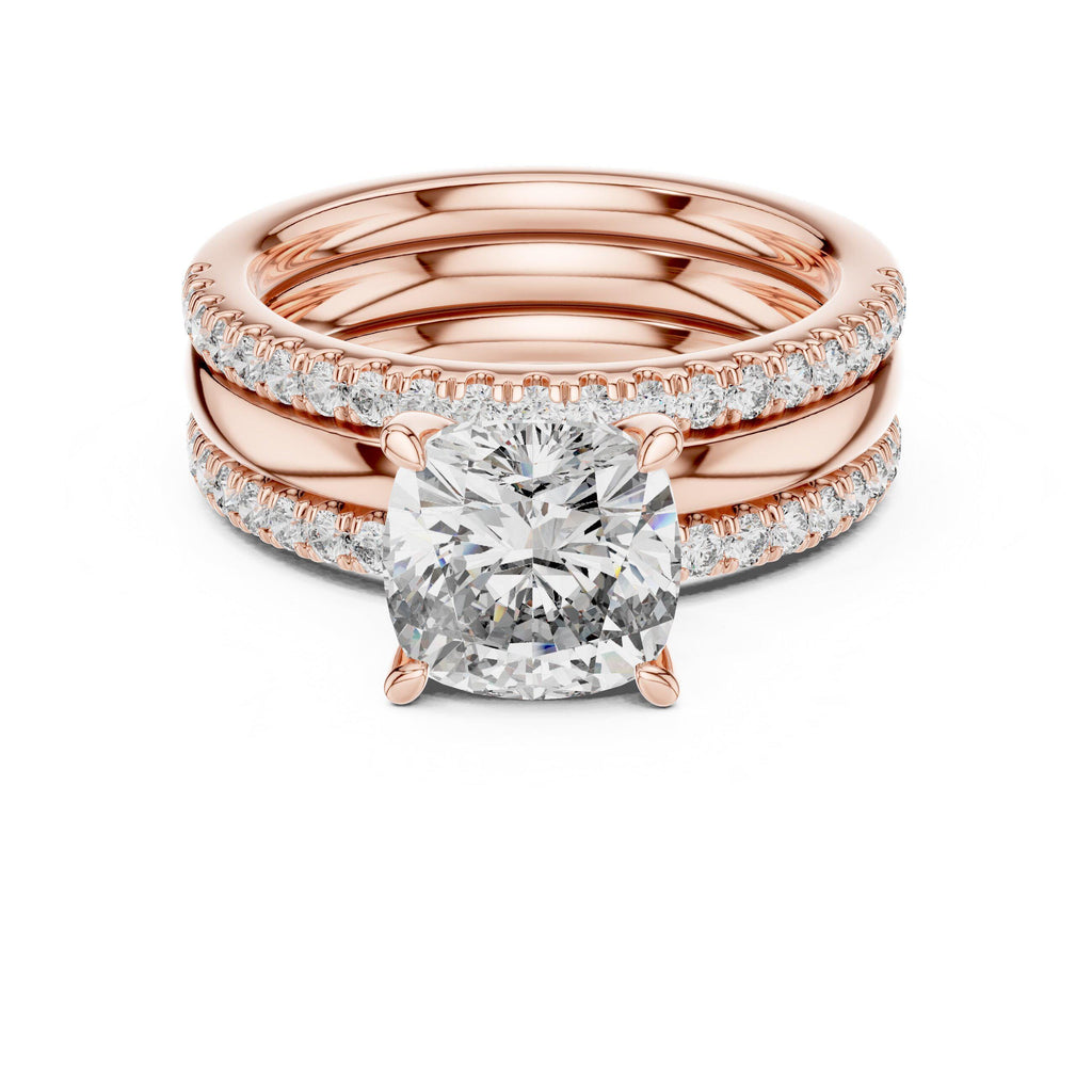 Cushion Moissanite Ring with Stacked Triple Band, 8mm – 925 Sterling Silver, 18K Gold Vermeil