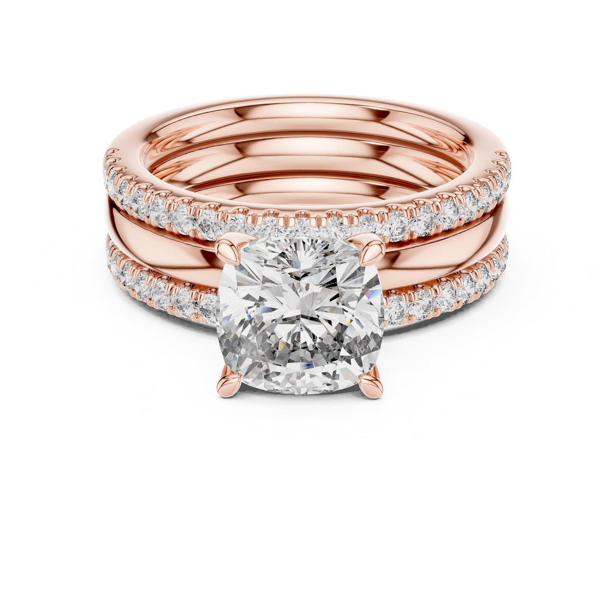 Cushion Moissanite Ring with Stacked Triple Band, 8mm – 925 Sterling Silver, 18K Gold Vermeil