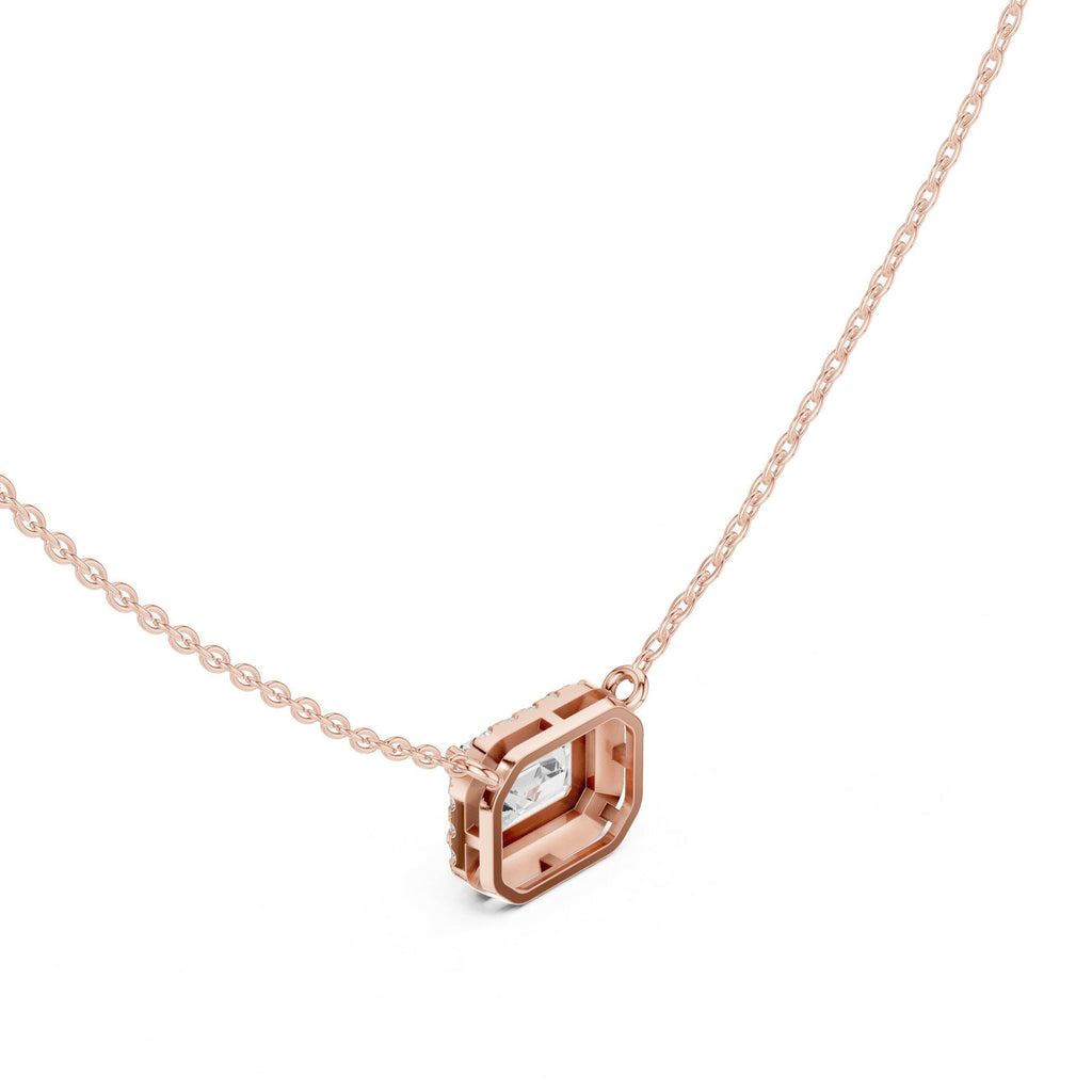 Emerald-Cut Moissanite East-West Halo Necklace – 925 Sterling Silver, 18K Gold Vermeil