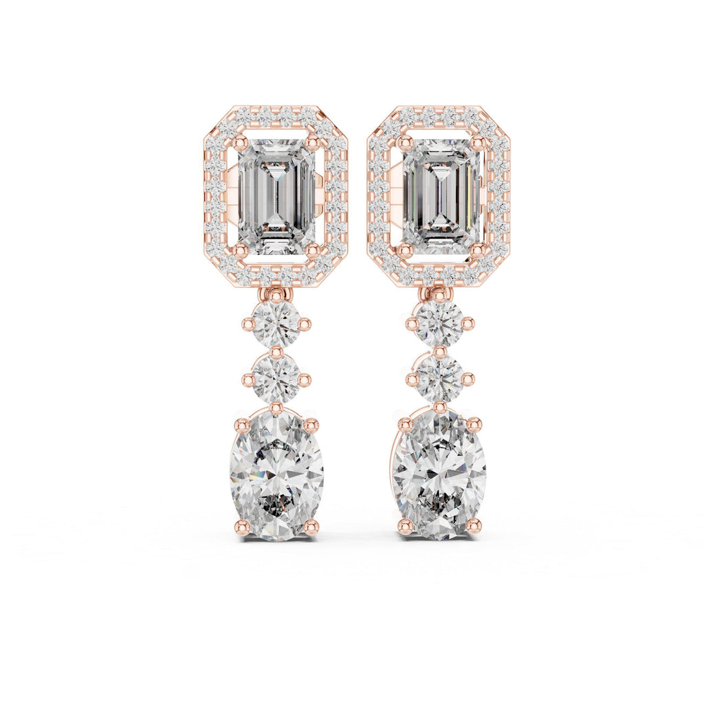 Emerald-Cut & Oval Moissanite Halo Drop Earrings – 925 Sterling Silver, 18K Gold Vermeil