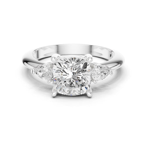 Cushion Moissanite Three-Stone Ring with Pear Side Stones – 925 Sterling Silver, 18K Gold Vermeil