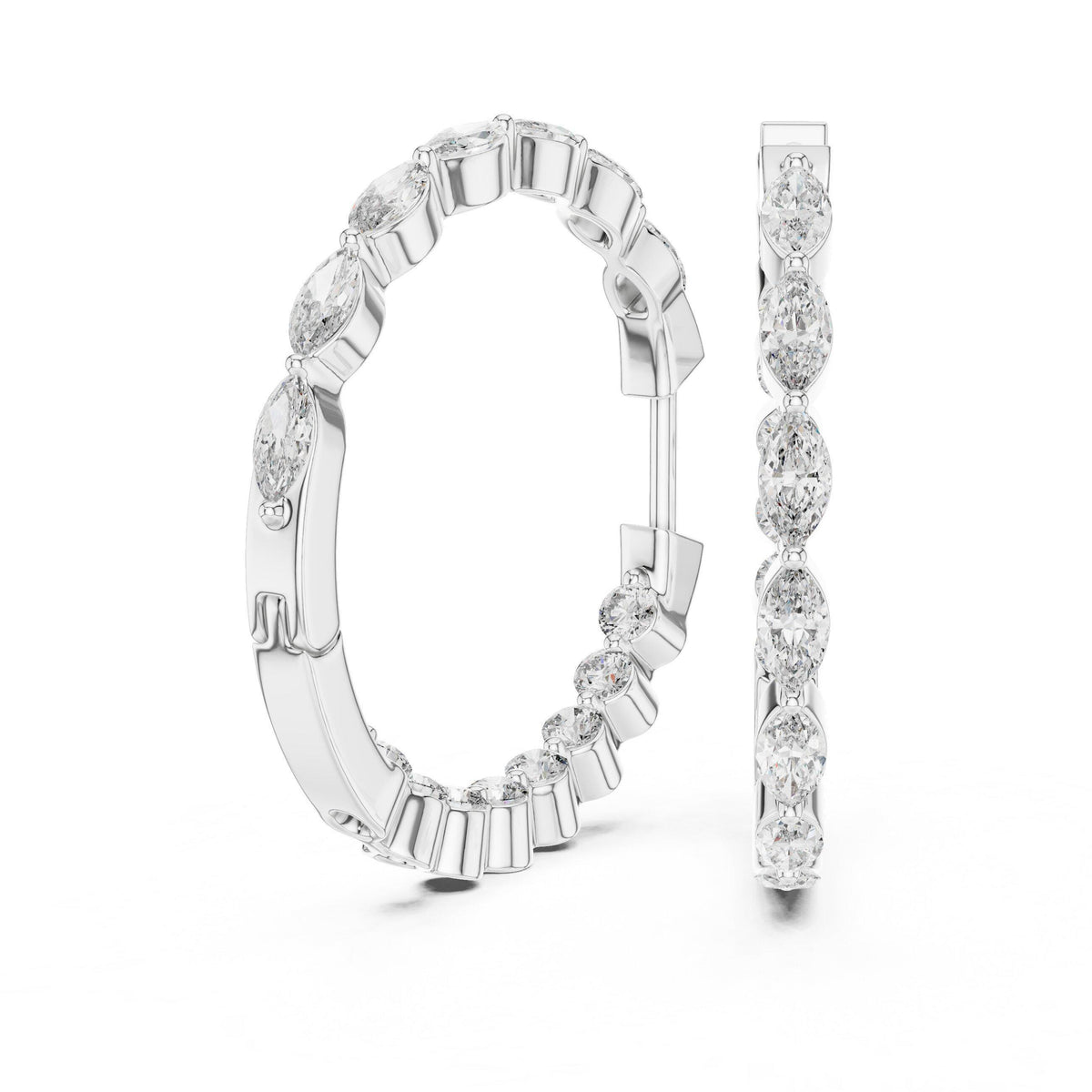 Marquise & Round Moissanite Station Hoop Earrings – 925 Sterling Silver, 18K Gold Vermeil