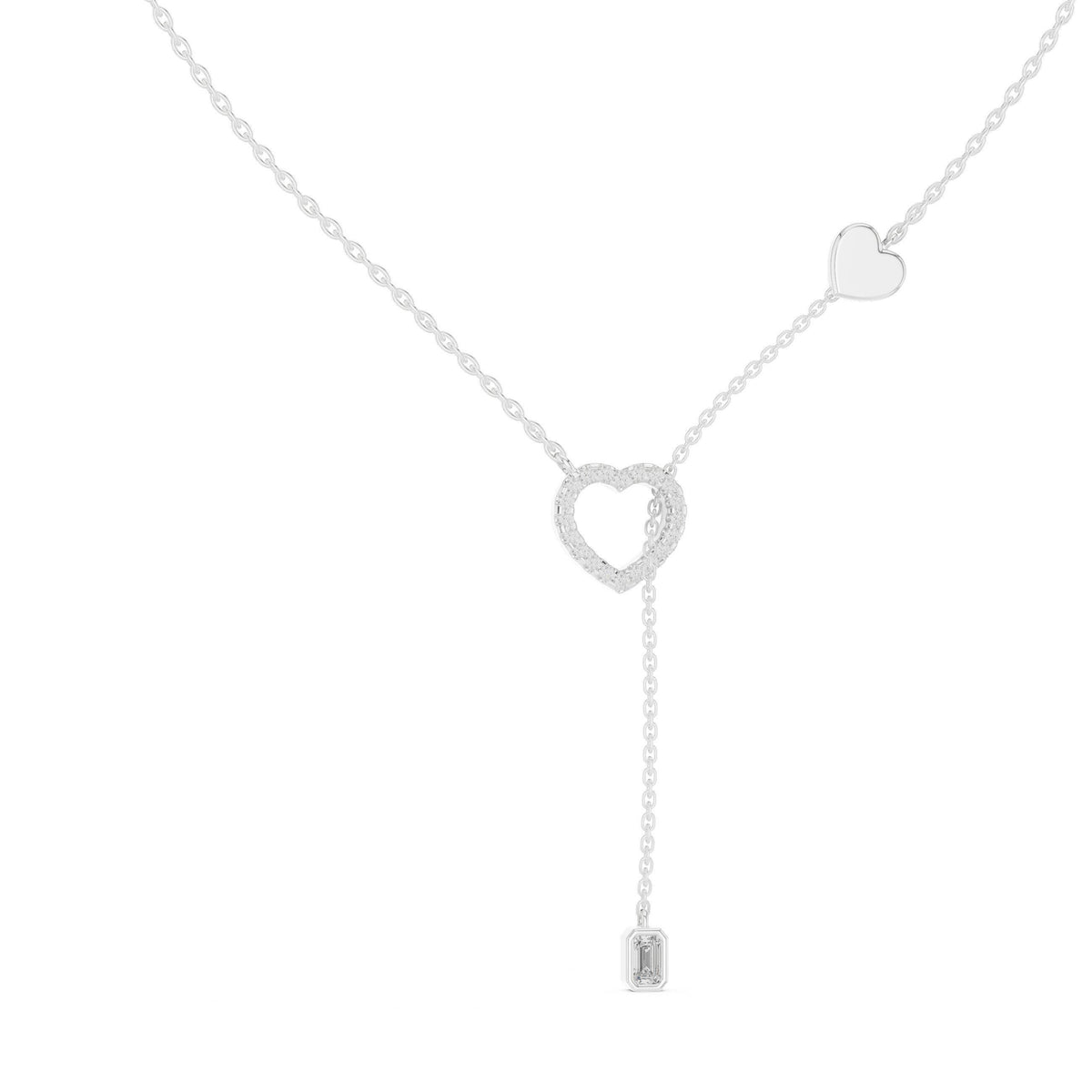 Heart Moissanite Lariat Necklace with Emerald-Cut Drop – 925 Sterling Silver, 18K Gold Vermeil