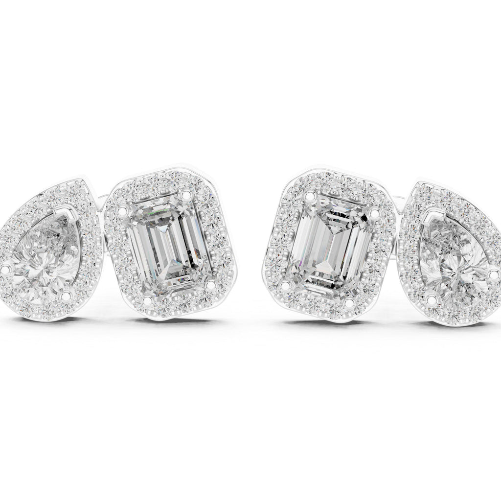 Pear & Emerald-Cut Moissanite Halo Toi et Moi Stud Earrings – 925 Sterling Silver, 18K Gold Vermeil