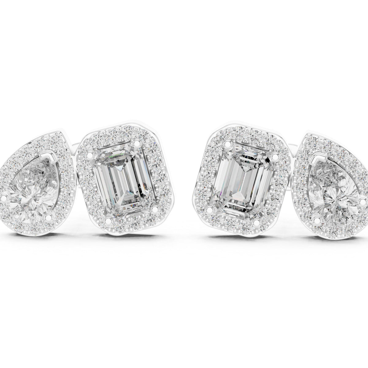 Pear & Emerald-Cut Moissanite Halo Toi et Moi Stud Earrings – 925 Sterling Silver, 18K Gold Vermeil