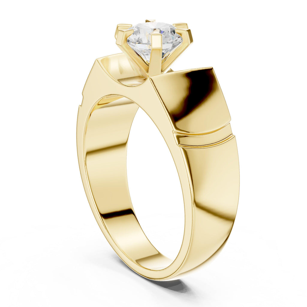 Men's Round Moissanite Ring, Angular Stepped Band – 925 Sterling Silver, 18K Gold Vermeil