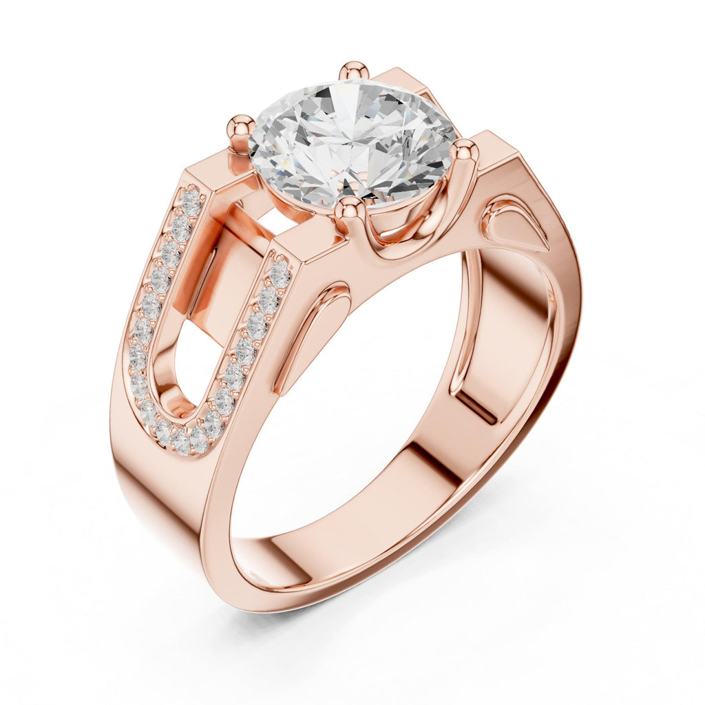 Men's Round Moissanite Ring with Pavé Horseshoe Shoulders – 925 Sterling Silver, 18K Gold Vermeil