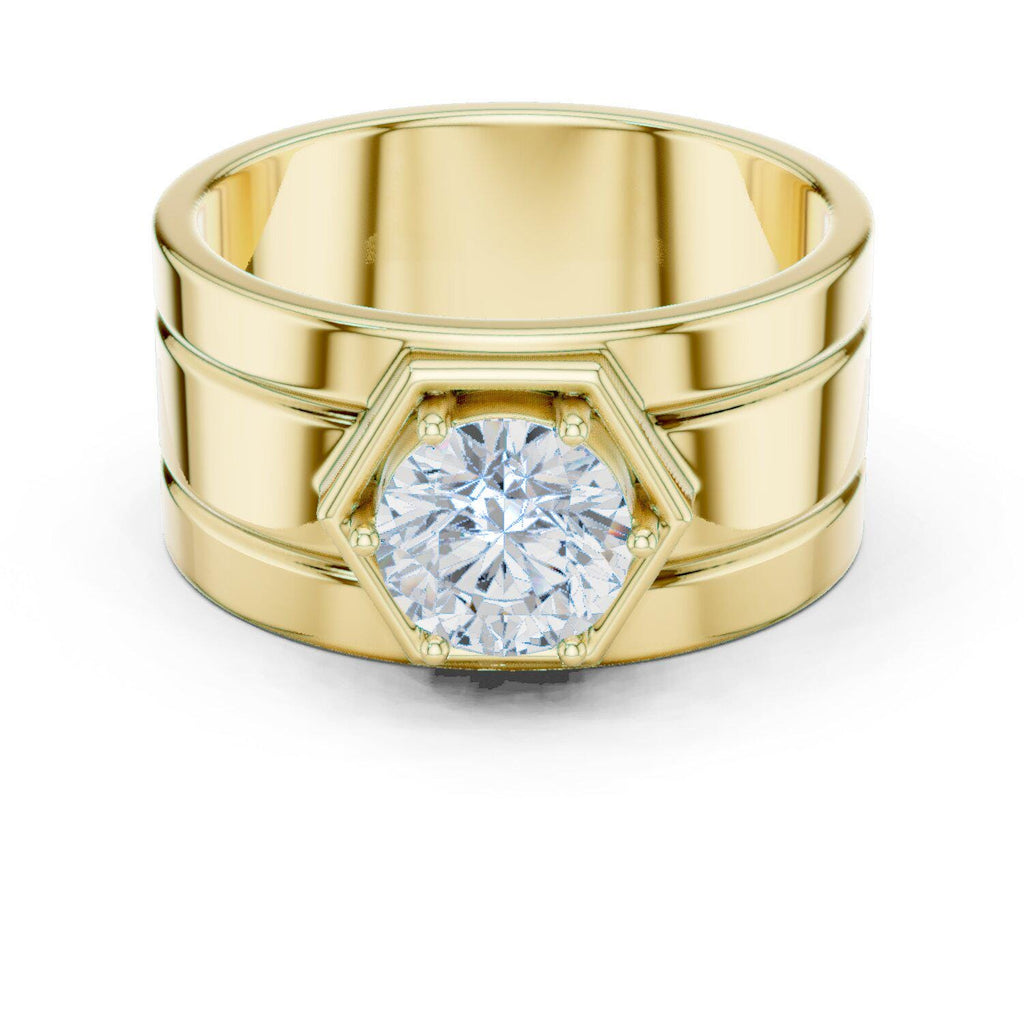 Men's Round Moissanite Ring with Hexagon Frame, Wide Band – 925 Sterling Silver, 18K Gold Vermeil