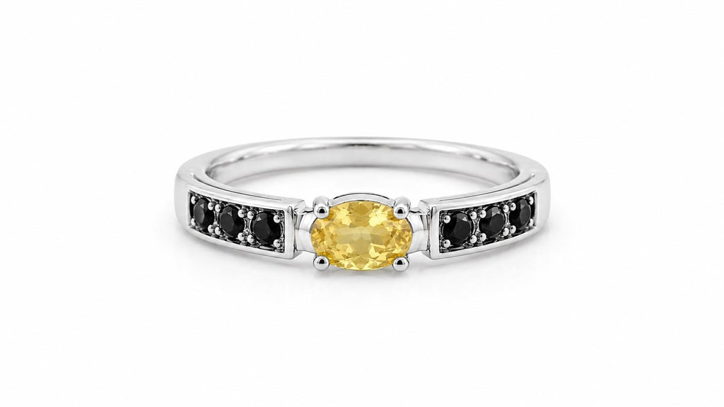 Oval Yellow Sapphire & Black Diamond Ring – 925 Sterling Silver, 18K White Gold Vermeil