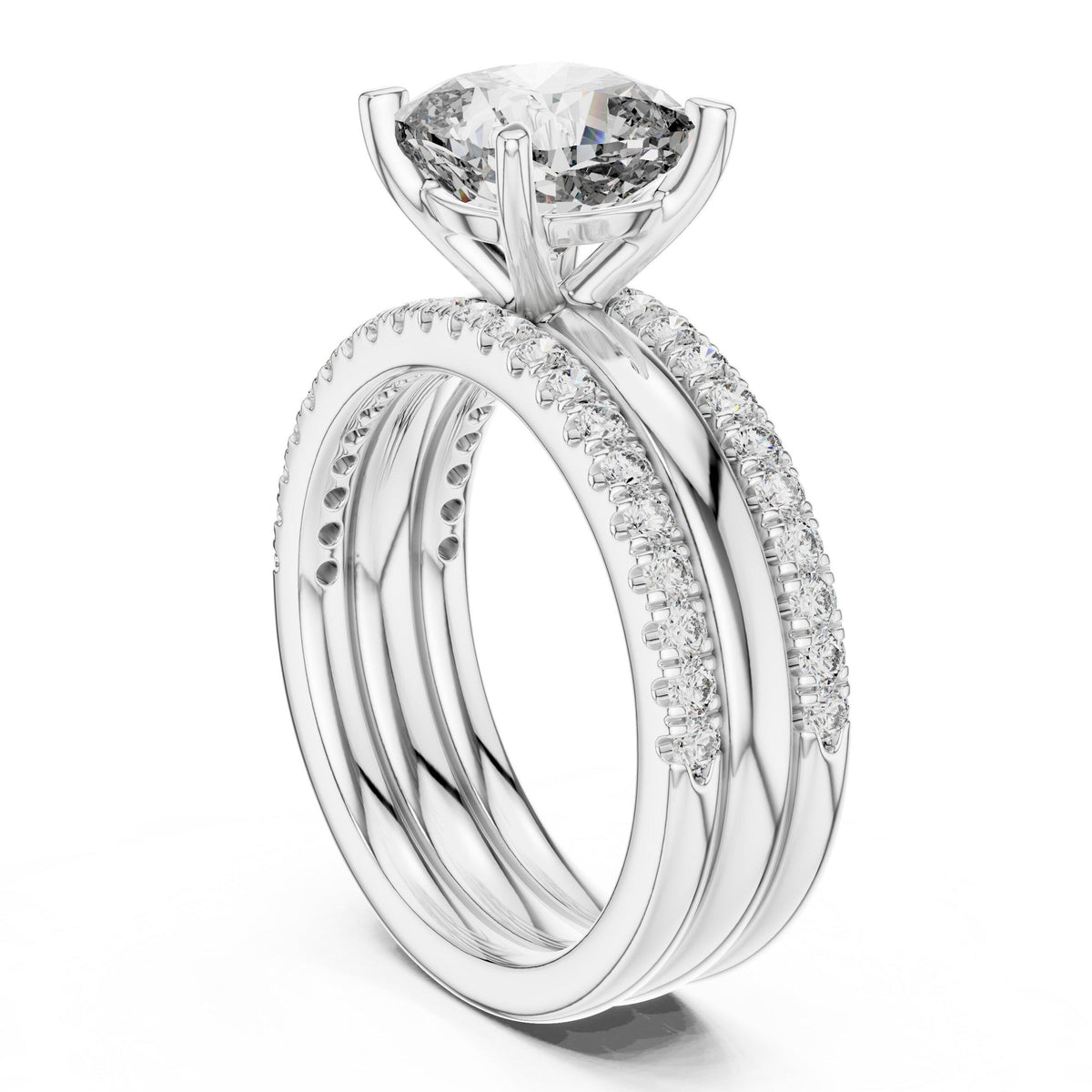 Cushion Moissanite Ring with Stacked Triple Band, 8mm – 925 Sterling Silver, 18K Gold Vermeil