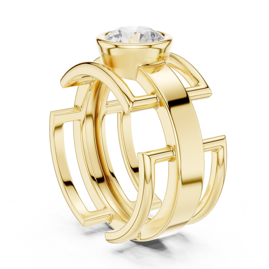 Men's Geometric Lattice Ring with Round Moissanite – 925 Sterling Silver, 18K Gold Vermeil