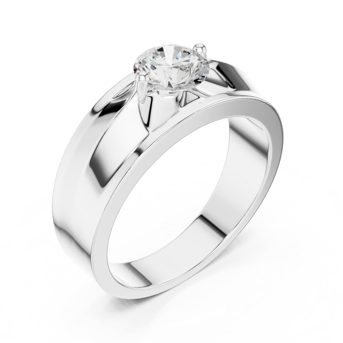 Men's Round Moissanite Ring with Winged Prongs, Flat Band – 925 Sterling Silver, 18K Gold Vermeil
