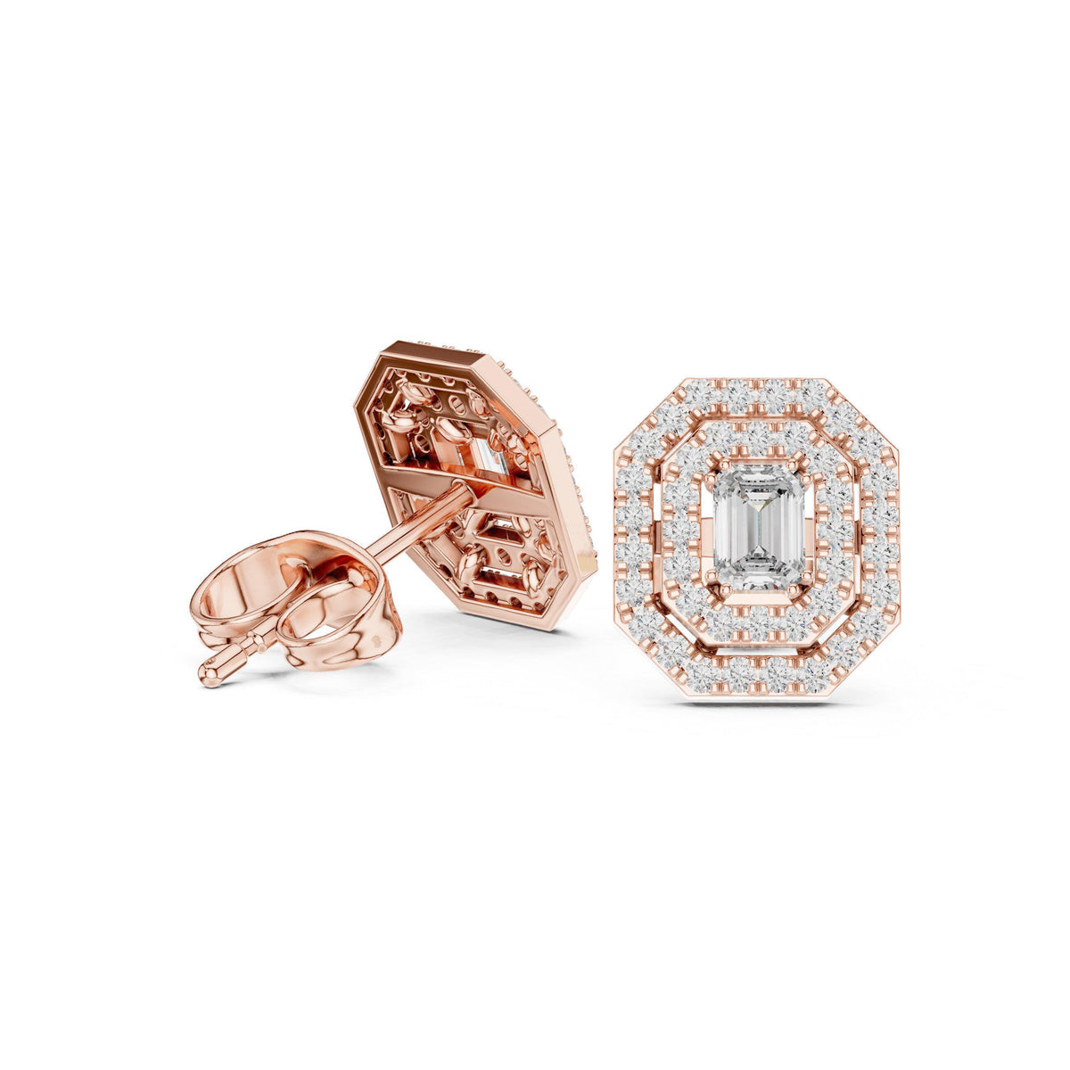 Emerald-Cut Moissanite Octagon Double-Halo Stud Earrings – 925 Sterling Silver, 18K Gold Vermeil