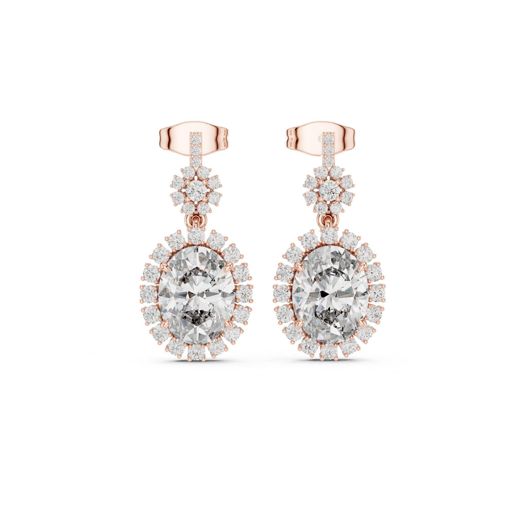 Oval Moissanite Sunburst Halo Drop Earrings – 925 Sterling Silver, 18K Gold Vermeil