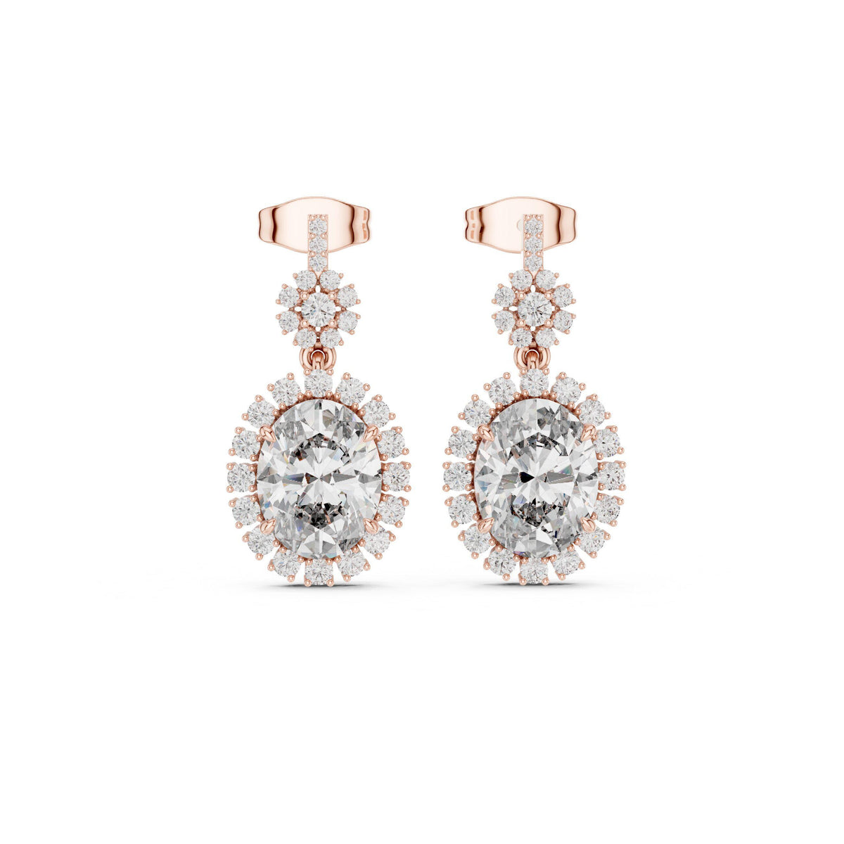 Oval Moissanite Sunburst Halo Drop Earrings – 925 Sterling Silver, 18K Gold Vermeil