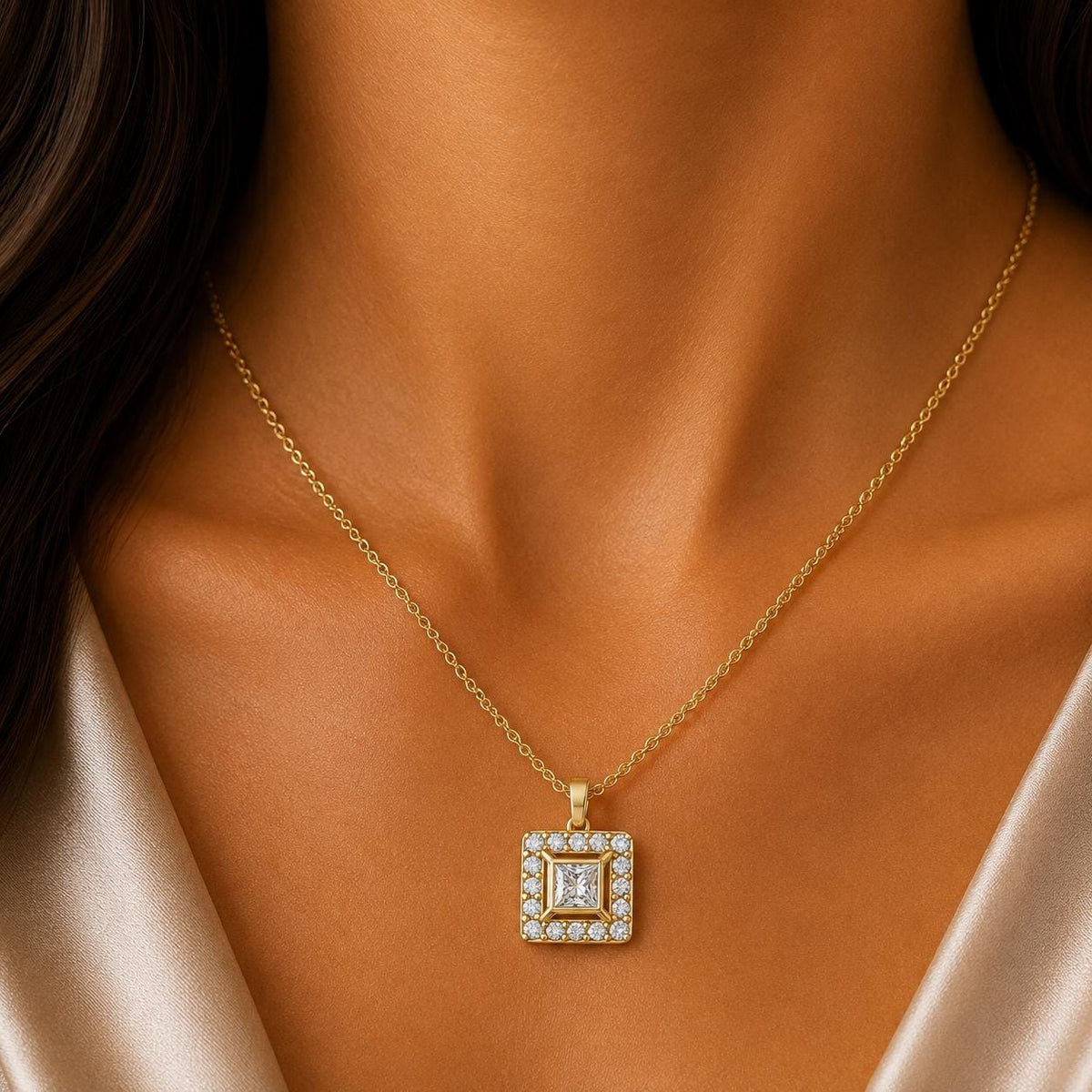 Princess Moissanite Square-Halo Pendant Necklace – 925 Sterling Silver, 18K Gold Vermeil