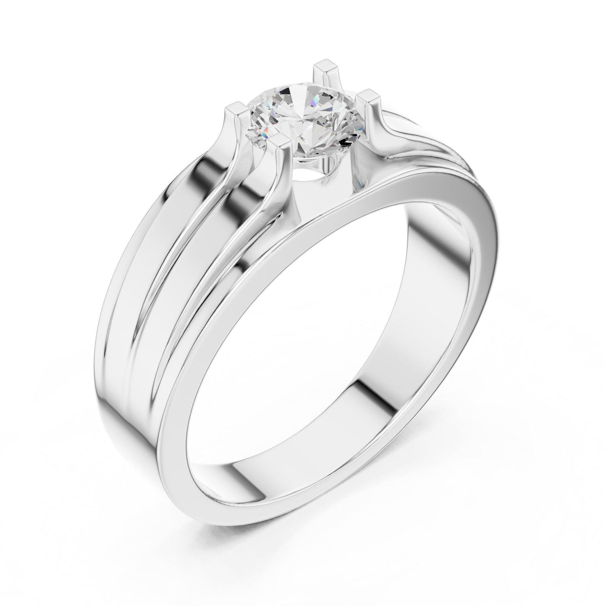 Men's Round Moissanite Ring, Double-Groove Band – 925 Sterling Silver, 18K Gold Vermeil