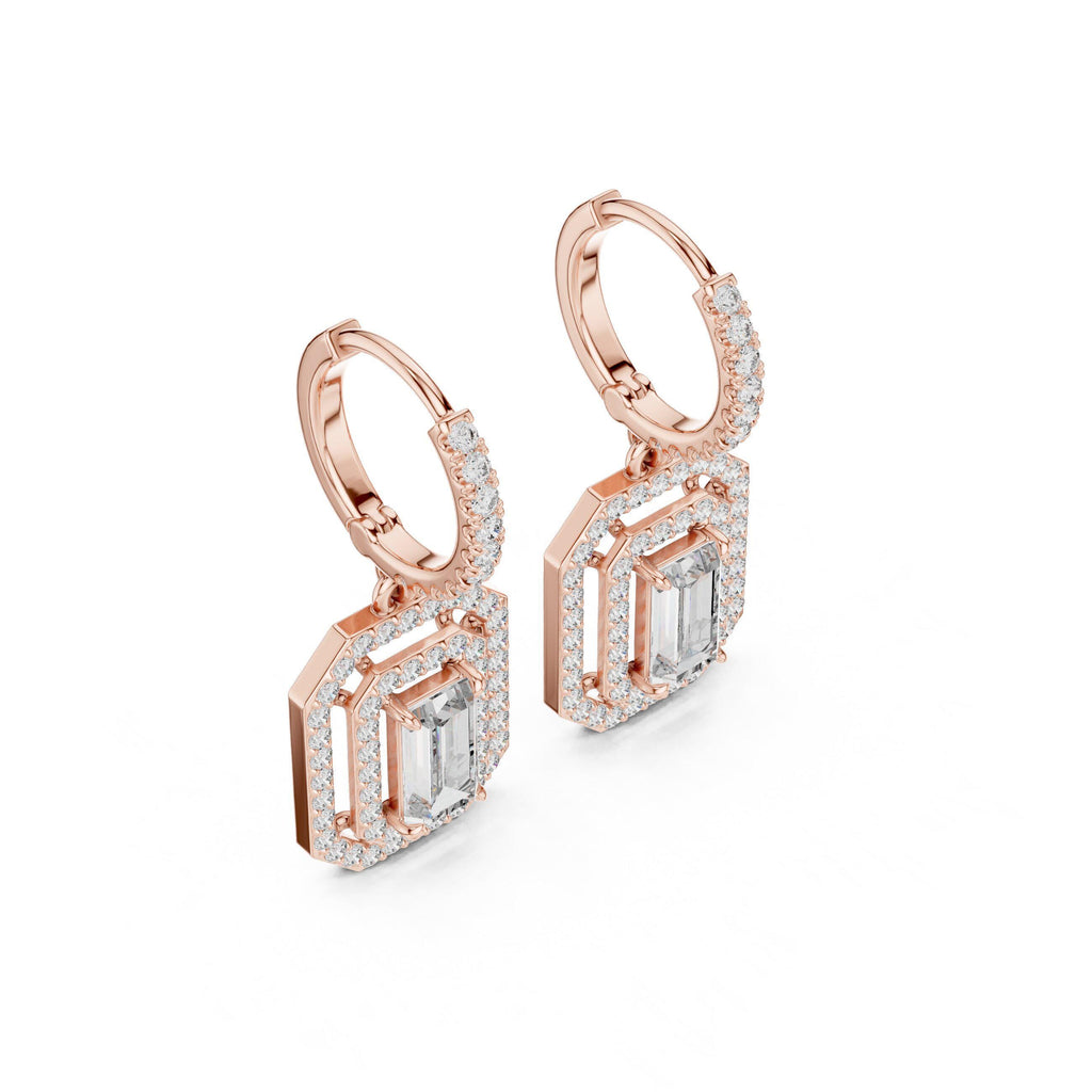 Emerald-Cut Moissanite Double-Halo Drop Earrings – 925 Sterling Silver, 18K Gold Vermeil