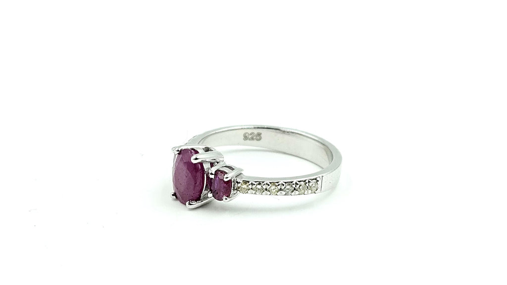 Oval Ruby Three-Stone Ring with Diamond Band – 925 Sterling Silver, 18K White Gold Vermeil